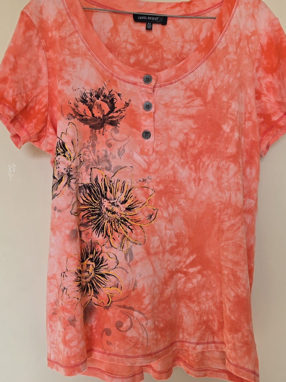 Coral Tie-Dye Floral Henley Tee - Picture 1 of 4